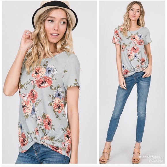 NEW! Waffle Knit Sage Green Floral Front Knot Top! - Picture 1 of 4